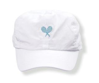 Girls white tennis  hat with ocean rackets logo